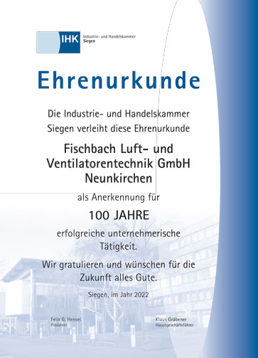Ehrenurkunde der IHK für Fischbach Luft- und Ventilatorentechnik
